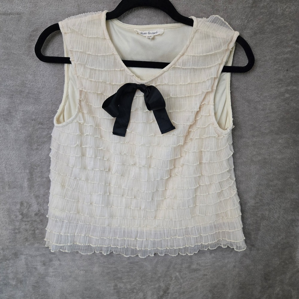 Blue Tassel Top Small Cream Ruffle Tiered Tulle Bow Balletcore Twee Ethereal